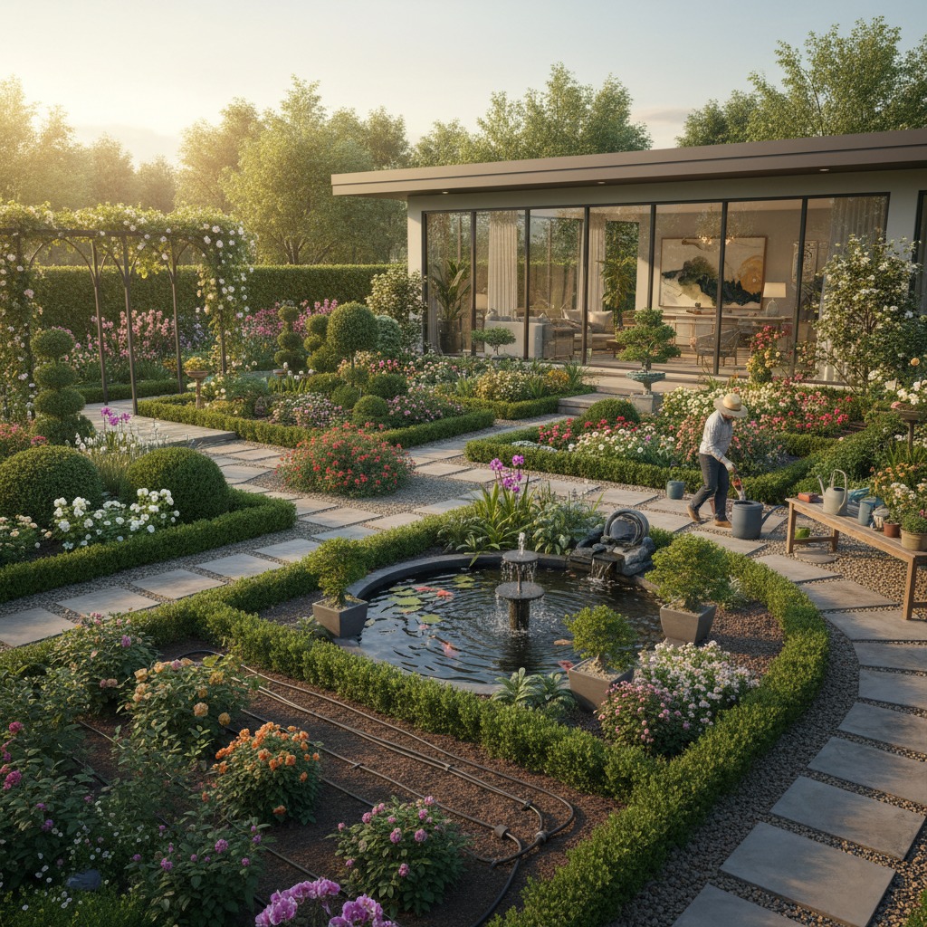 A person in a sunhat waters plants near a modern house with a lush landscaped garden, featuring stone pathways, topiary bushes, a circular fountain, and a flower-covered trellis.
