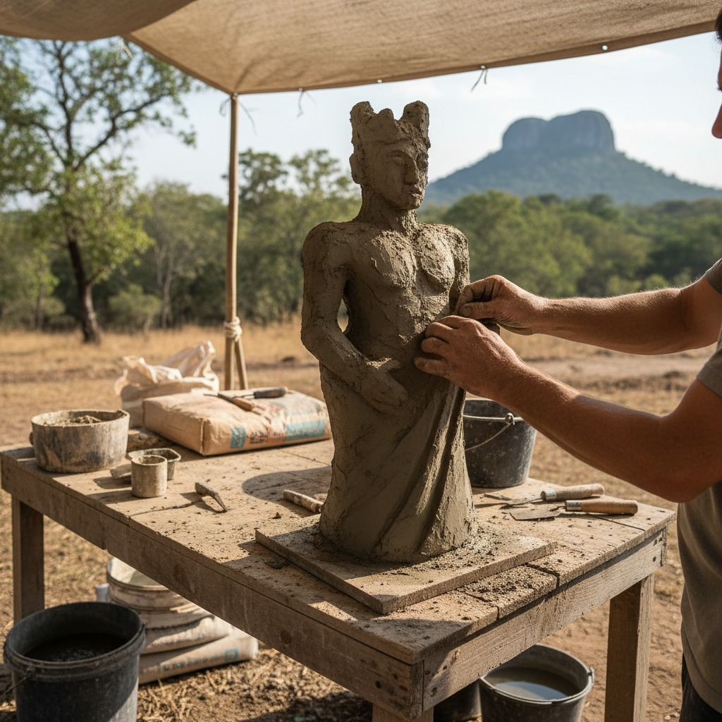 A man works on a clay sculpture of a figure wearing a crown on an outdoor workbench.